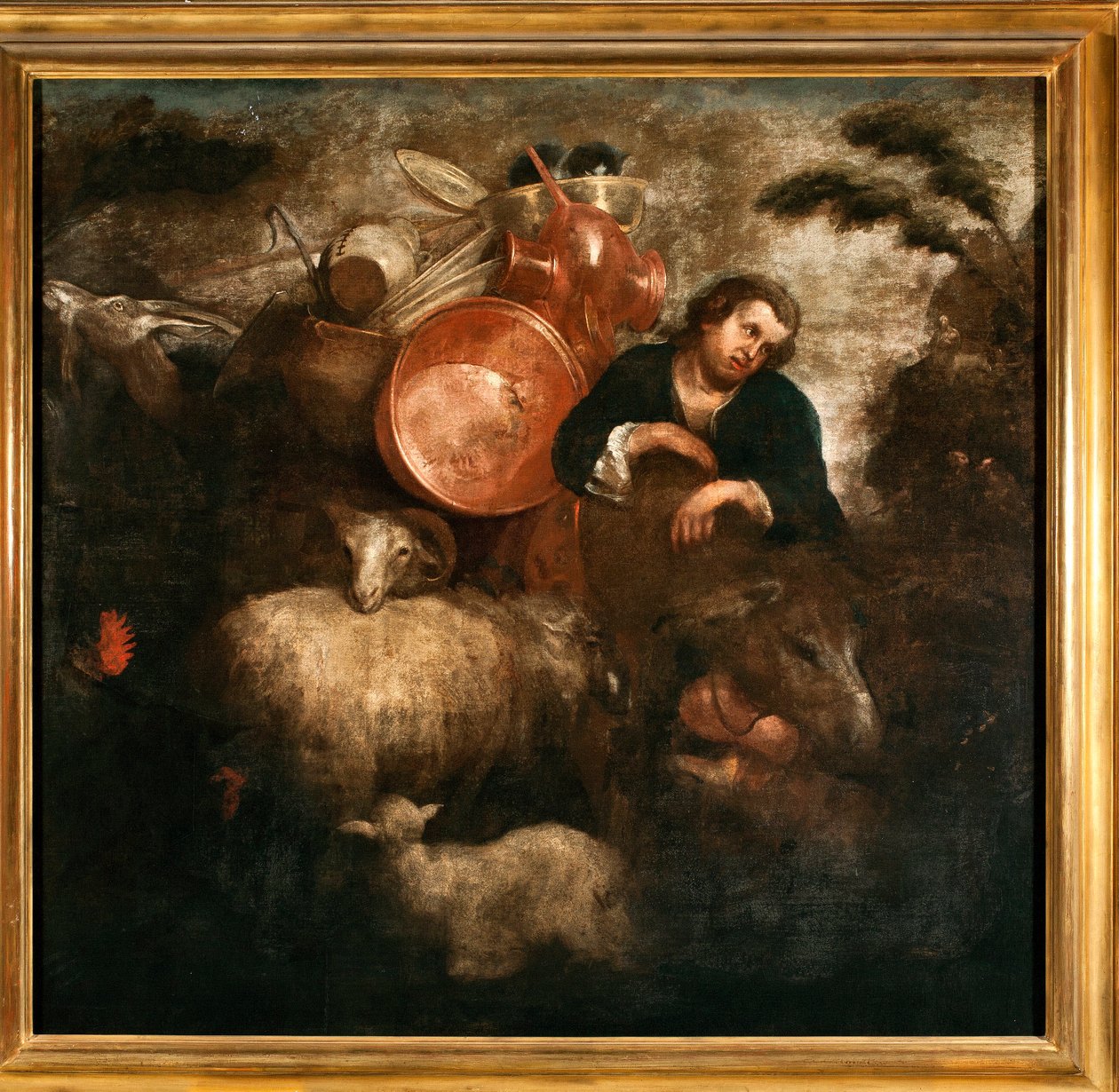 Paimen vuohien ja aasin kanssa (Paimen vuohien ja peppujen kanssa) Jan Roosin (1591-1638) maalaus 1600-luvulla Genes, Musei di Strada Nuova tekijältä Jan Roos