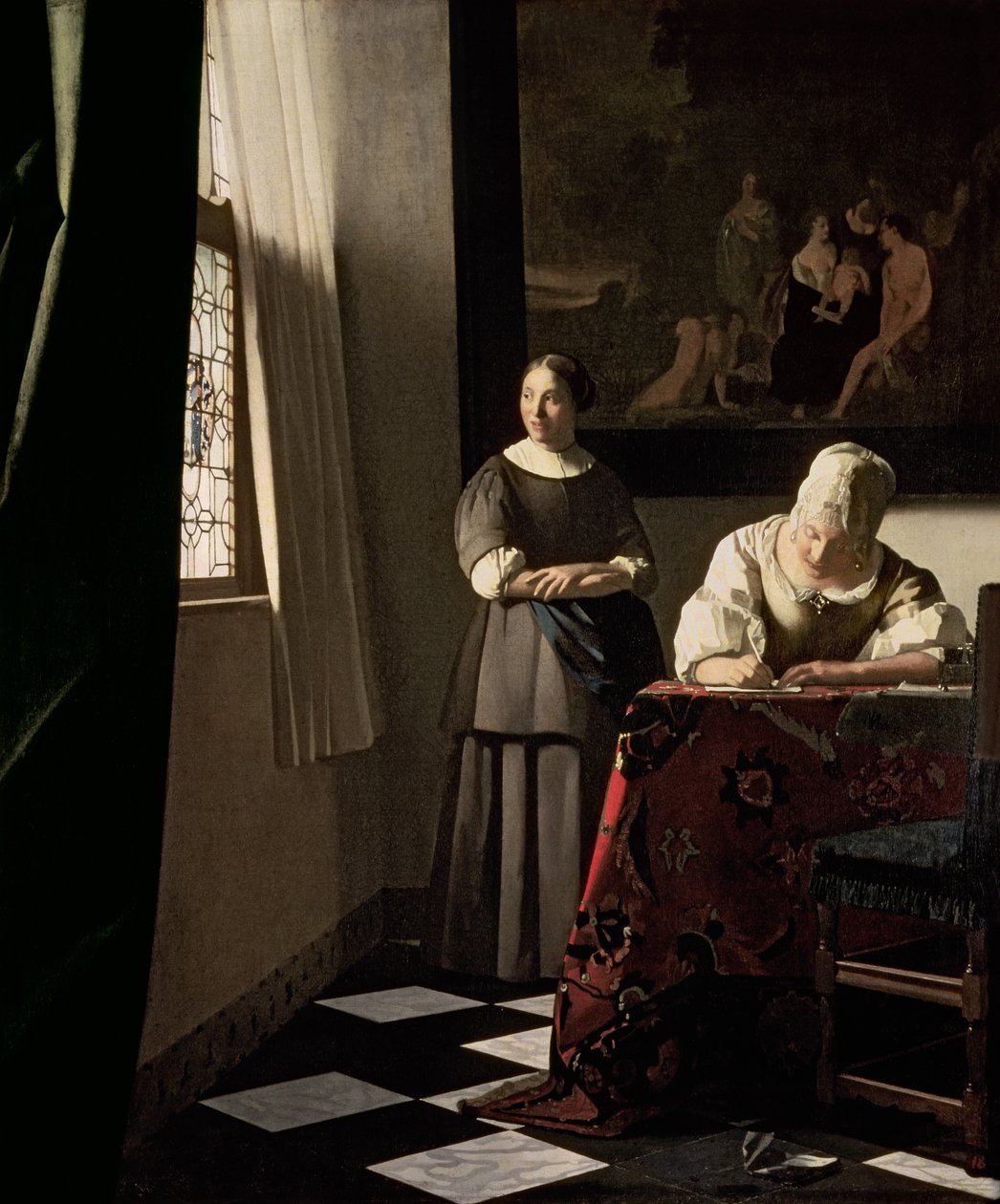 Nainen kirjoittaa kirjettä palvelijansa kanssa, n. 1670 (öljy kankaalle) tekijältä Johannes Vermeer
