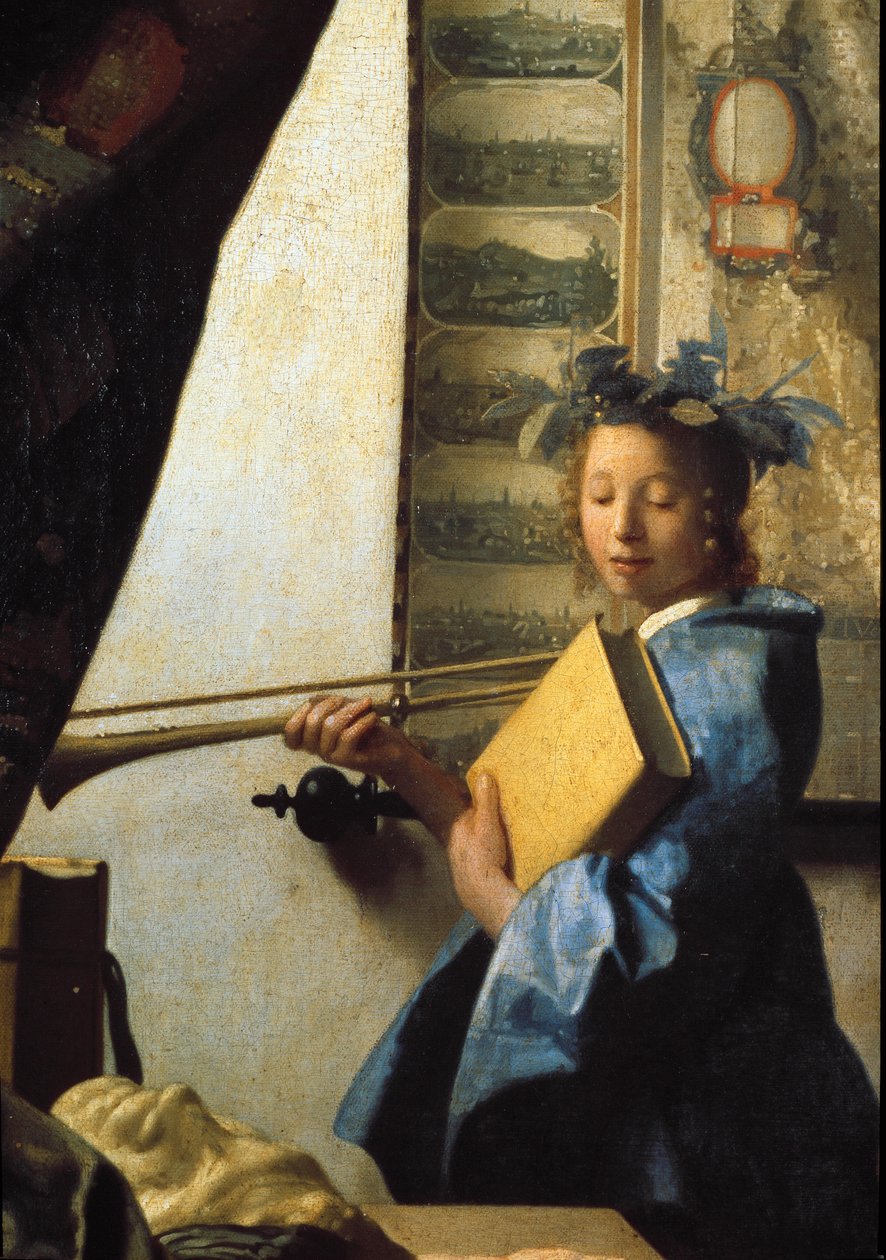 Maalaustaito tai maalarin työpaja. Yksityiskohta mallista, joka poseeraa maalarille. 1665 (öljy kankaalle) tekijältä Johannes Vermeer