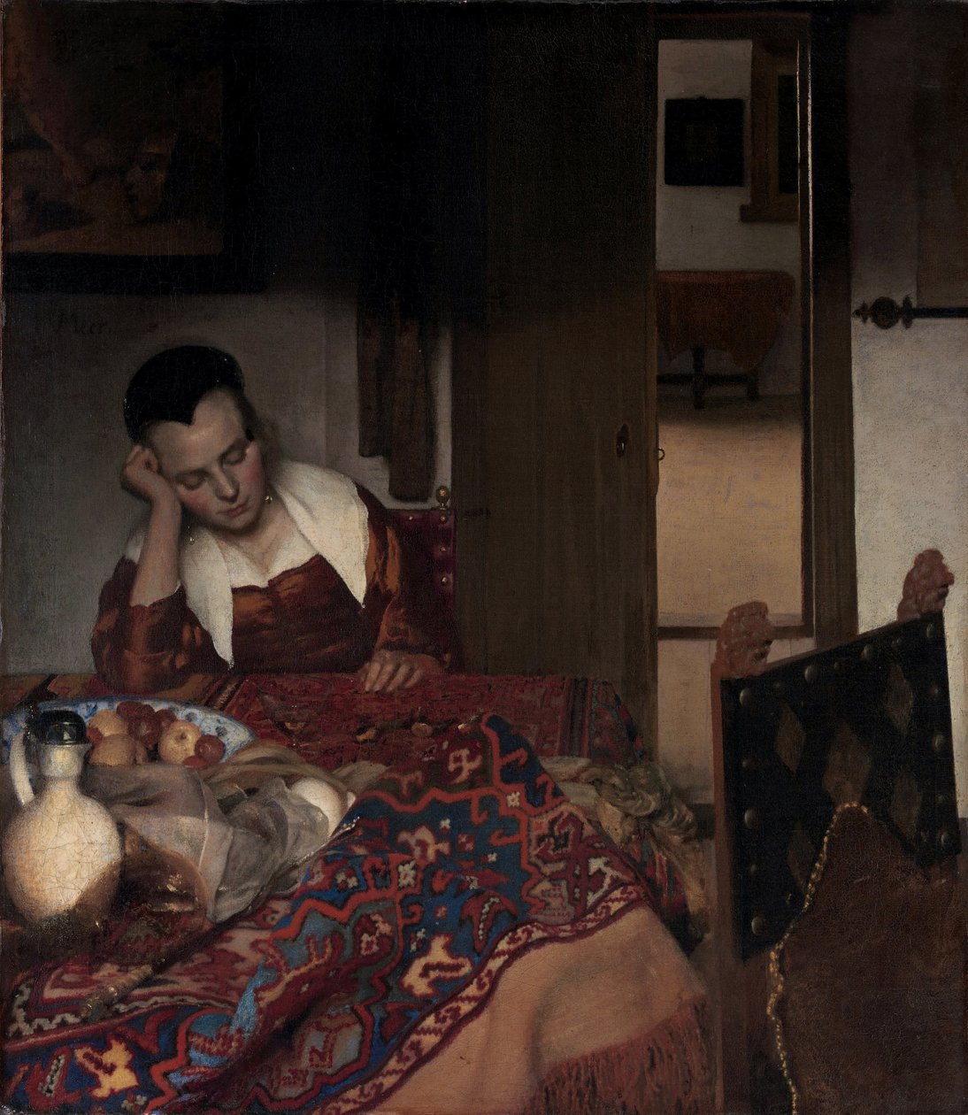 Nukkuva tyttö - Johannes Vermeerin (Vermeer de Delft) maalaus (1632-1675), öljy kankaalle tekijältä Johannes Vermeer