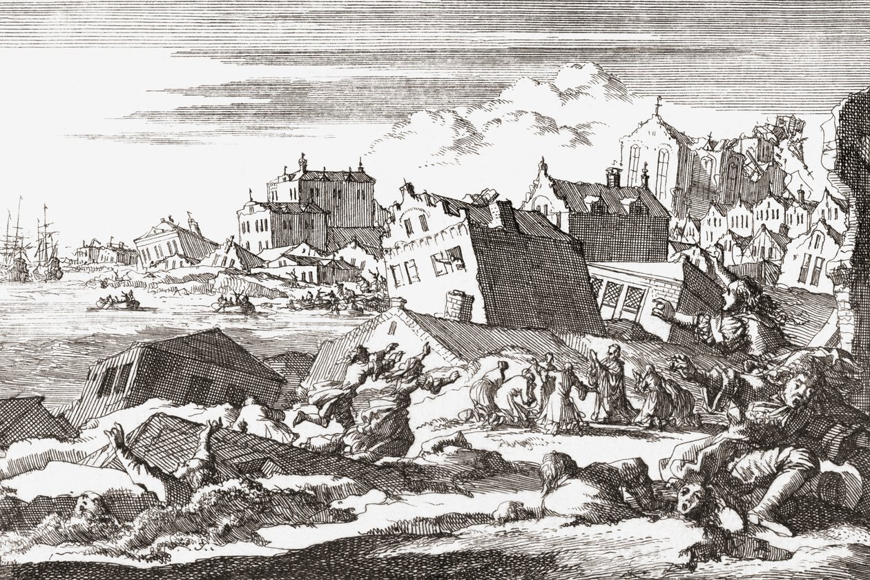 Maanjäristys 1692 Port Royalissa Jamaikalla. tekijältä Jan (after) Luyken