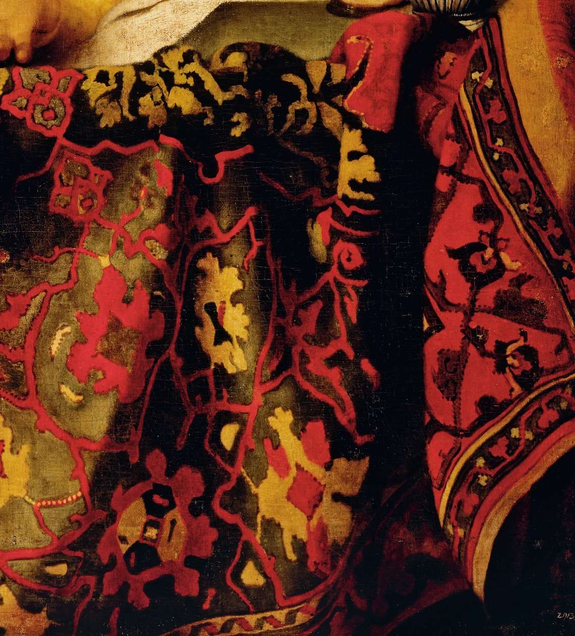 Brodeerattu mekko, yksityiskohta The Procuressilta tekijältä Jan (attr. to) Vermeer