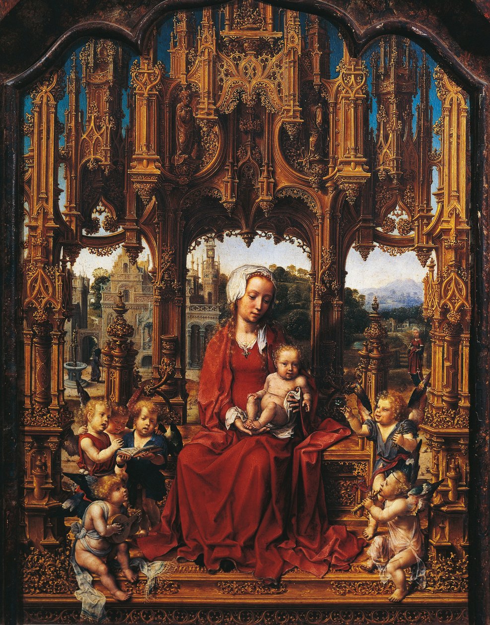 Madonna with Child and angel músicos, painel central de Malvern Triptychfinnish tekijältä Jan (c.1472 c.1533) Gossaert
