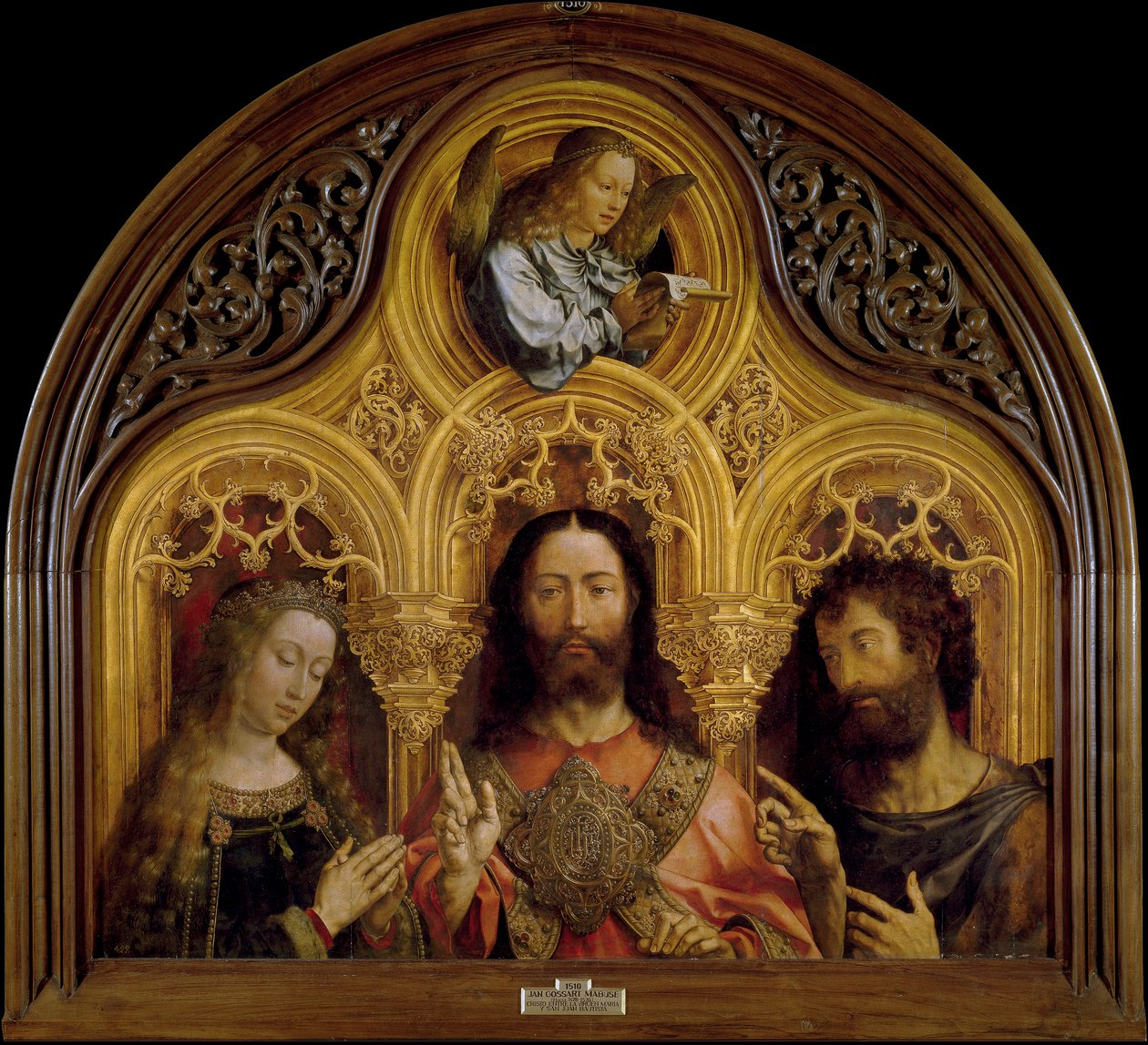 Kristus Neitsyt Marian ja Pyhän Johannes Kastajan välillä - Peinture de Jan Gossaert (Gossart) dit Mabuse (n. 1478-1532) - 1510-1515 - Öljy puulle - 122x133 - Museo del Prado, Madrid tekijältä Jan (c.1472 c.1533) Gossaert