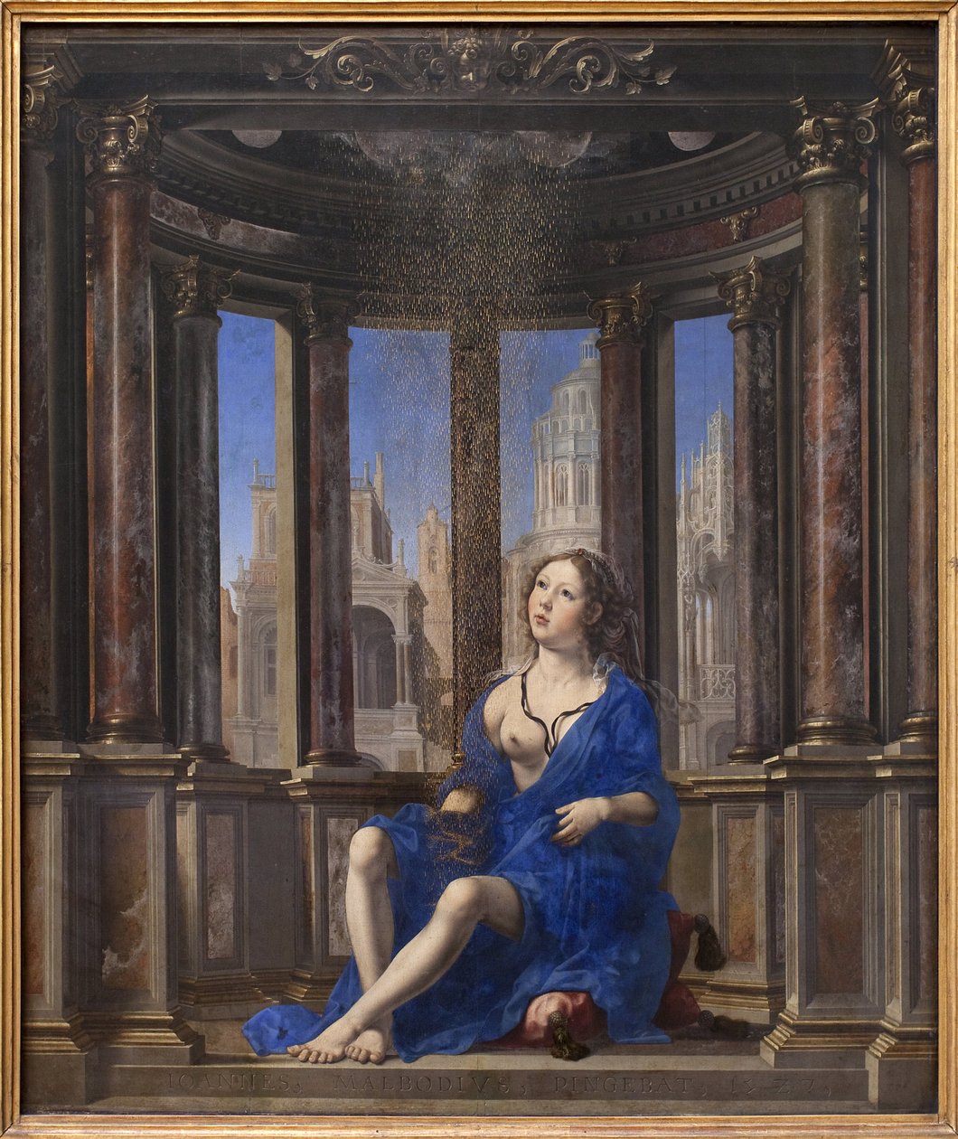 Danae. Jupiter muuttuu kultaiseksi sateeksi vietelläkseen nuoren naisen. Maalaus Jan Gossaert dit Mabuse (1478-1532), öljy puulle (95 x 113 cm) tekijältä Jan (c.1472 c.1533) Gossaert