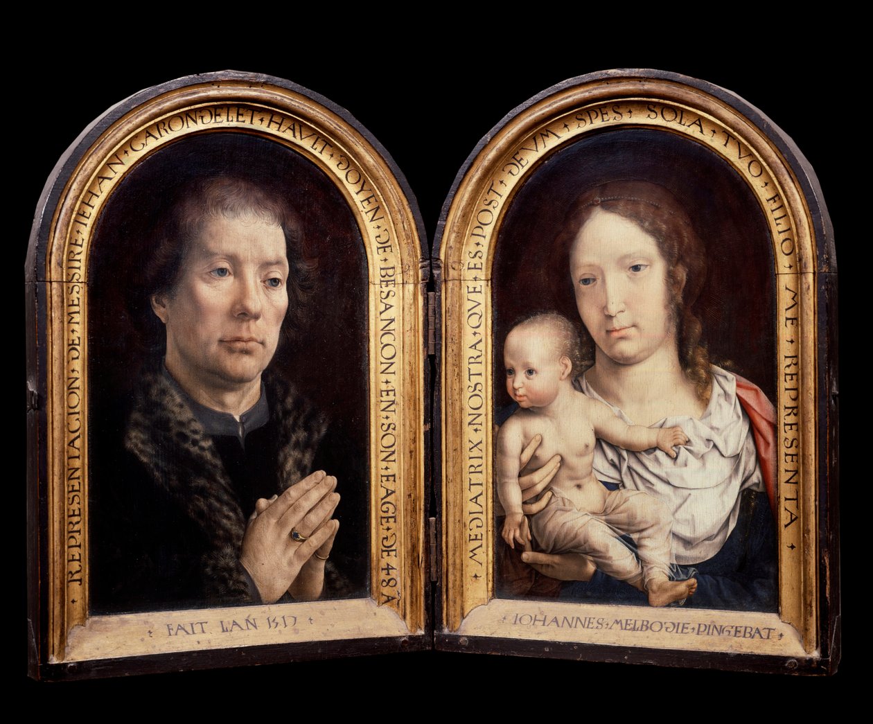 Diptyykki Carondelet: vasemmalla suojelija Jean Carondeletin muotokuva, oikealla Neitsyt ja lapsi. Jan Gossaert dit Mabusen maalaus (1478-1536) tekijältä Jan (c.1472 c.1533) Gossaert