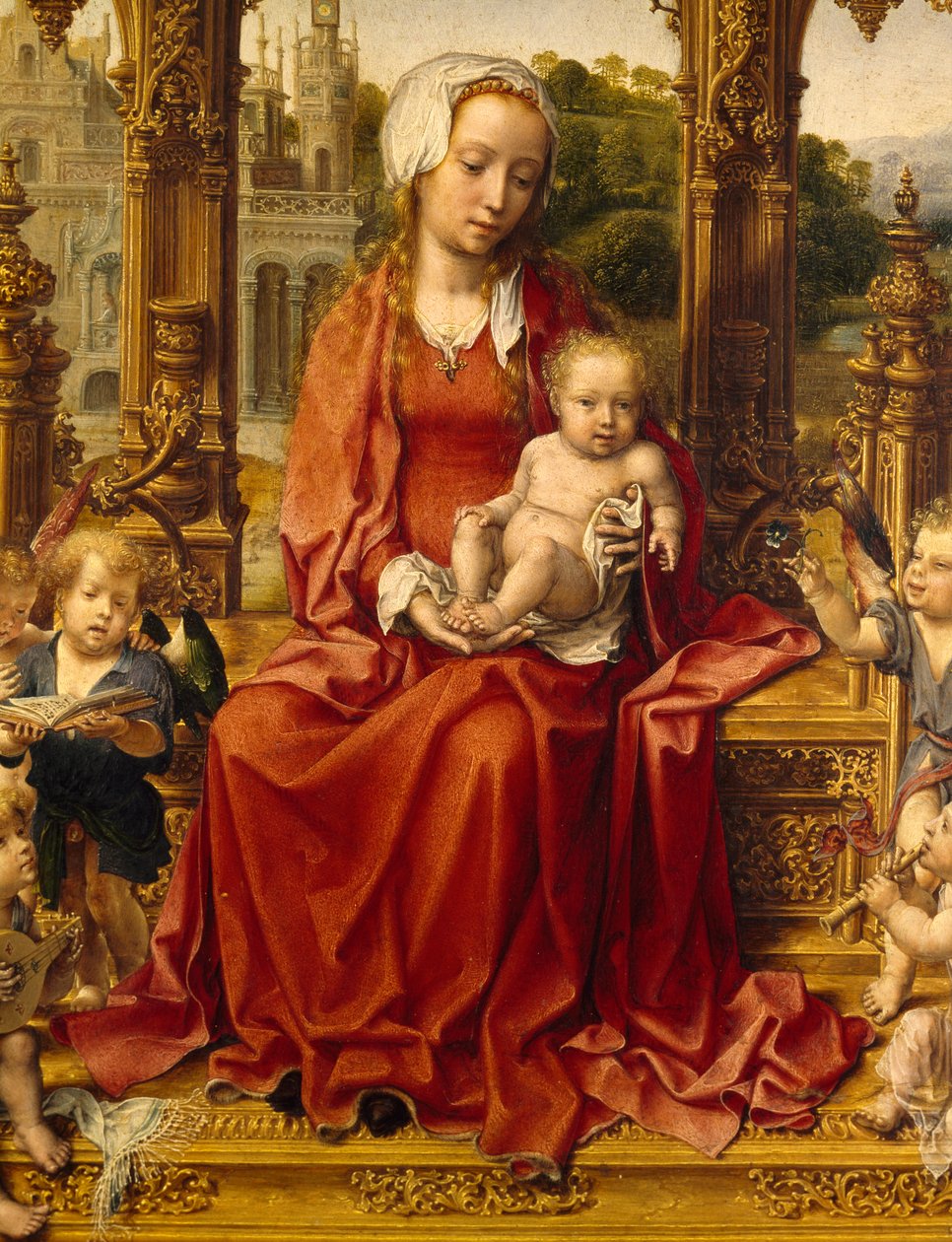 Madonna lapsen ja enkelimuusikoiden kanssa, Malvern Triptychin keskuspaneeli tekijältä Jan (c.1472 c.1533) Gossaert