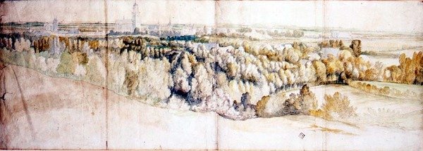 Näkymä Arnhemiin idästä (kynä ja akvarelli) tekijältä Jan (circle of) Siberechts