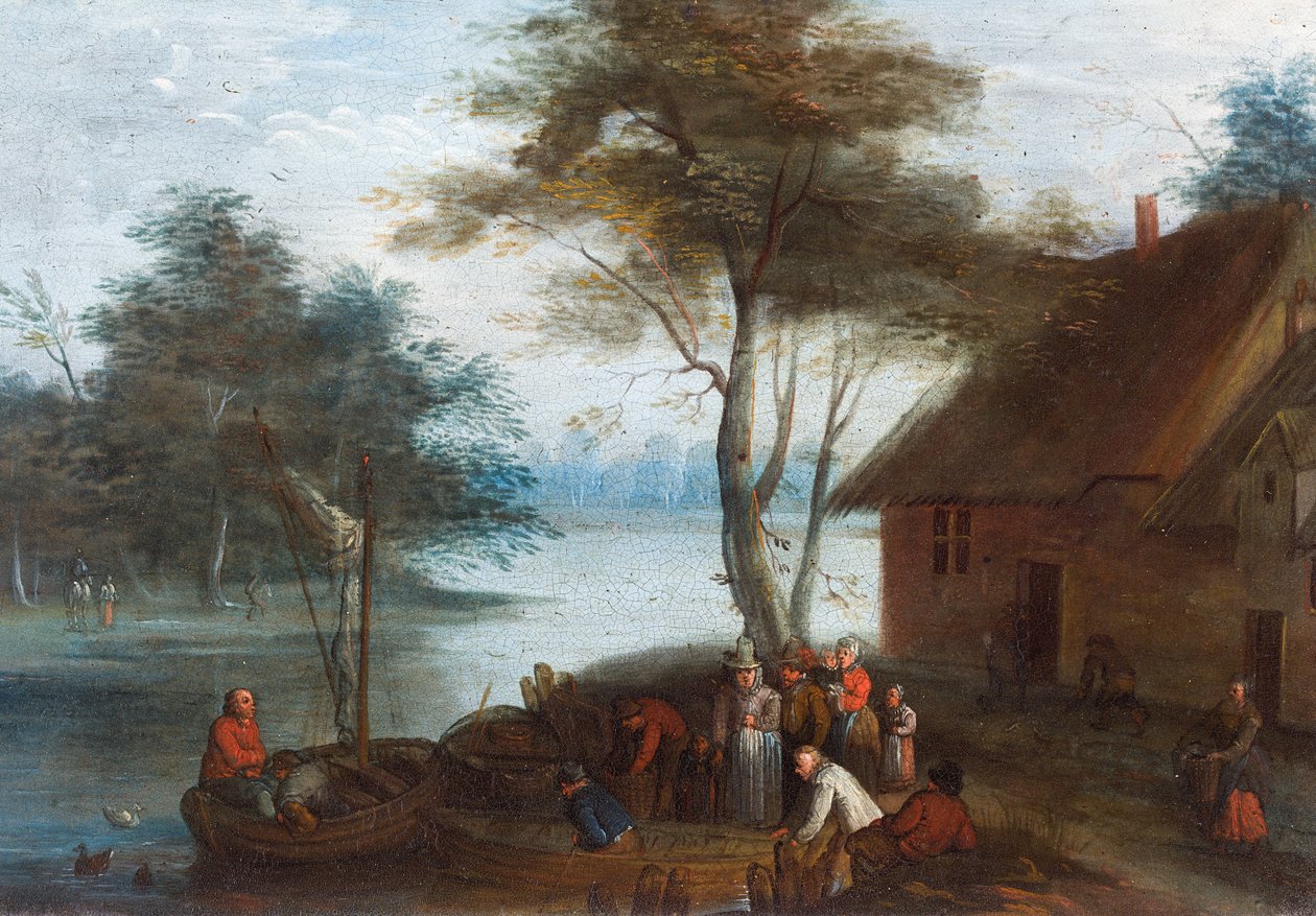 Jokimaisema hahmoineen rakennuksen luona, joka laskeutuu veneisiin tekijältä Jan (follower of) Brueghel