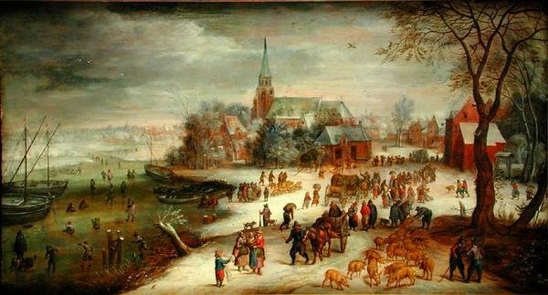 Näkymä Shellelle ja Scheldt-joelle talvella markkinoiden ja luistelijoiden kanssa tekijältä Jan (follower of) Brueghel