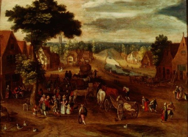 Kylä matkustajien kanssa majatalon ulkopuolella tekijältä Jan (follower of) Brueghel