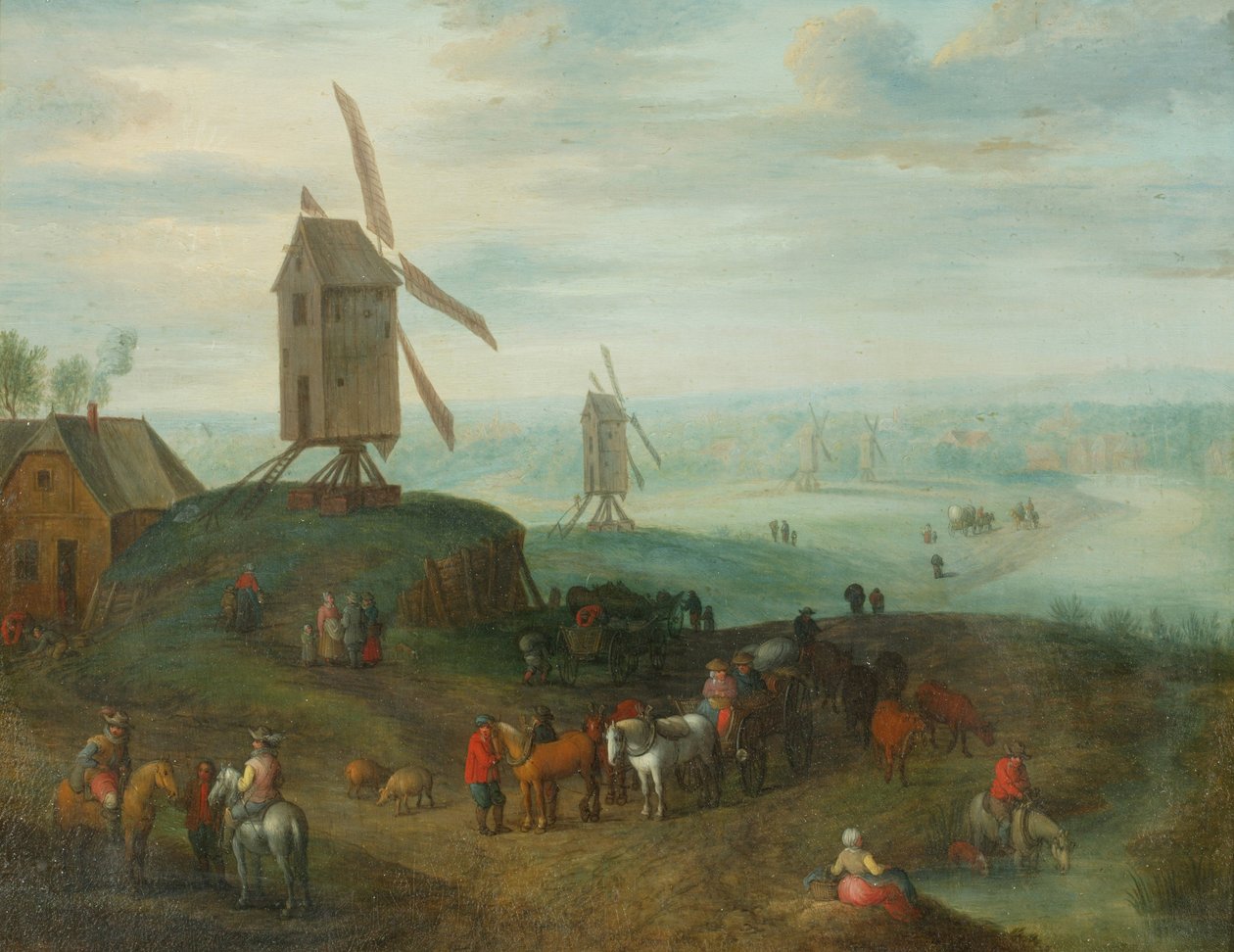 Maisema tuulimyllyillä (öljy kuparilla) tekijältä Jan (follower of) Brueghel