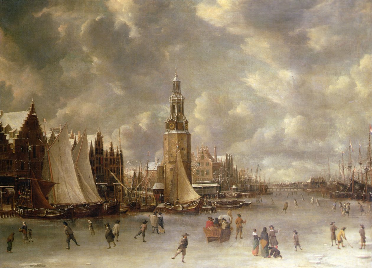Talvimaisema Montelbaanstorenin kanssa, Amsterdam (öljy kankaalle) tekijältä Jan Abrahamsz. Beerstraaten