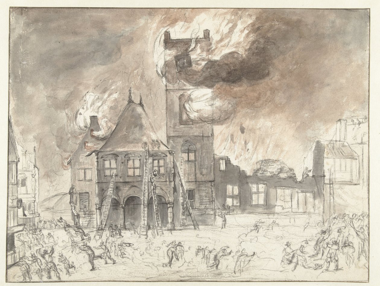 Tulipalo Amsterdamin vanhassa kaupungintalossa tekijältä Jan Abrahamsz. Beerstraten (possibly)