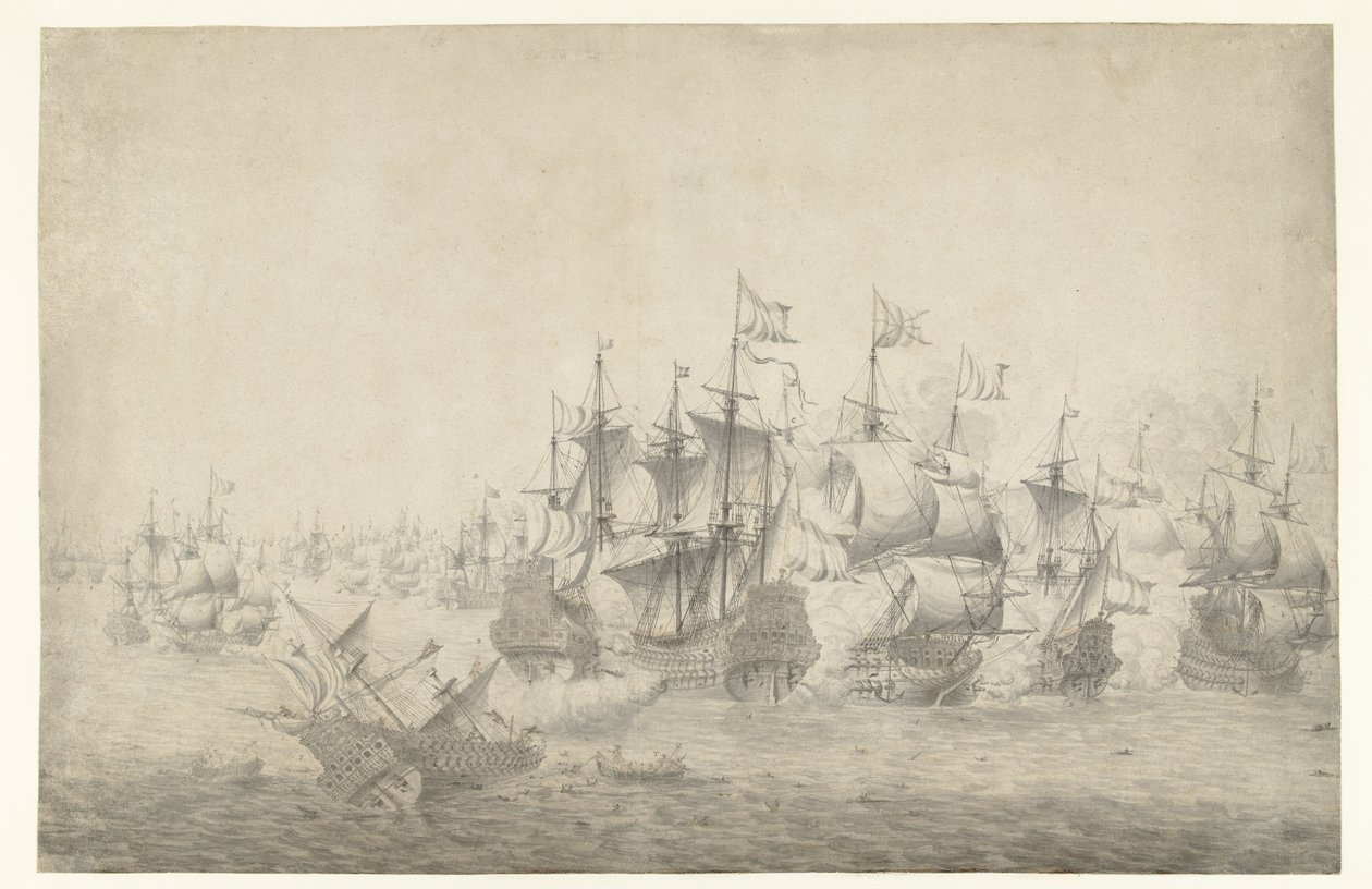 Meritaistelu, mahdollisesti Lowestoftissa 13. kesäkuuta 1665 (vasen sivu) tekijältä Jan Abrahamsz. Beerstraten (possibly)