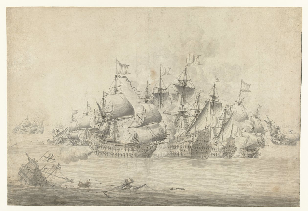 Meritaistelu, mahdollisesti Lowestoftissa 13. kesäkuuta 1665 (oikea lehti) tekijältä Jan Abrahamsz. Beerstraten (possibly)