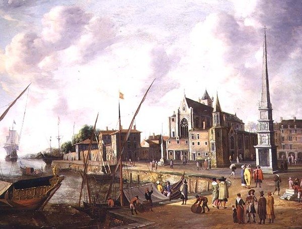 Välimerellinen satamakohtaus tyylikkäillä hahmoilla laiturilla ja merellä kaukaa tekijältä Jan Abrahamsz. Beerstraten