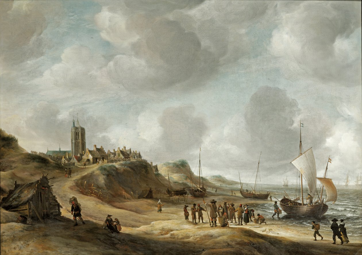 Näkymä Egmond aan Zeeen kalastajien kanssa rannalla ja merenkulkua offshoressa tekijältä Jan Abrahamsz. Beerstraten