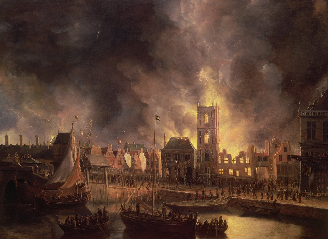 Suuri tulipalo vanhassa kaupungintalossa, Amsterdam, 1652, 1600-luku tekijältä Jan Abrahamsz. Beerstraten