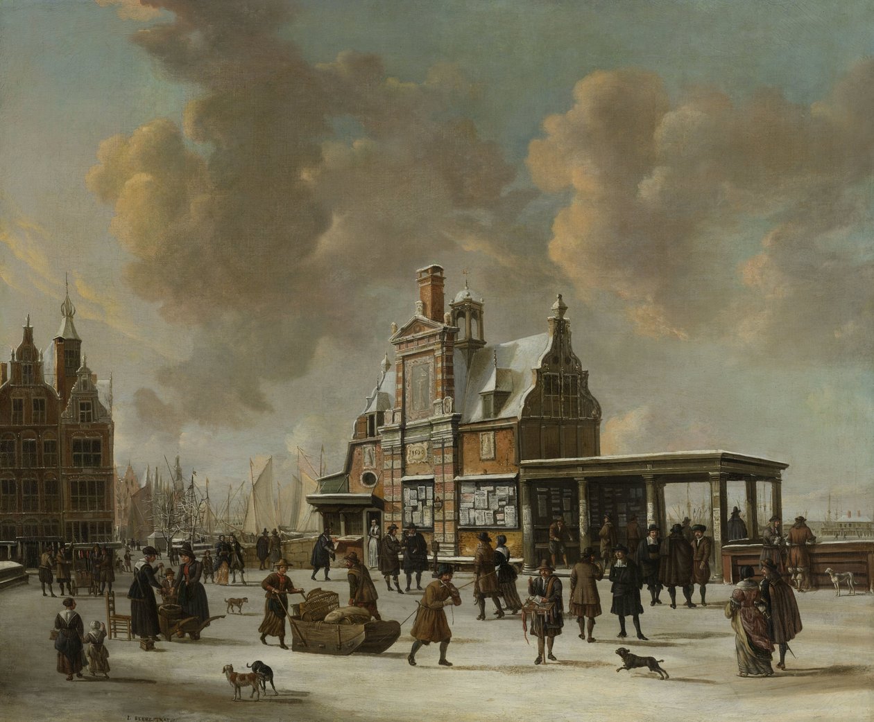 Paalhuis ja Nieuwe Brug, Amsterdam, talvella tekijältä Jan Abrahamsz. Beerstraten