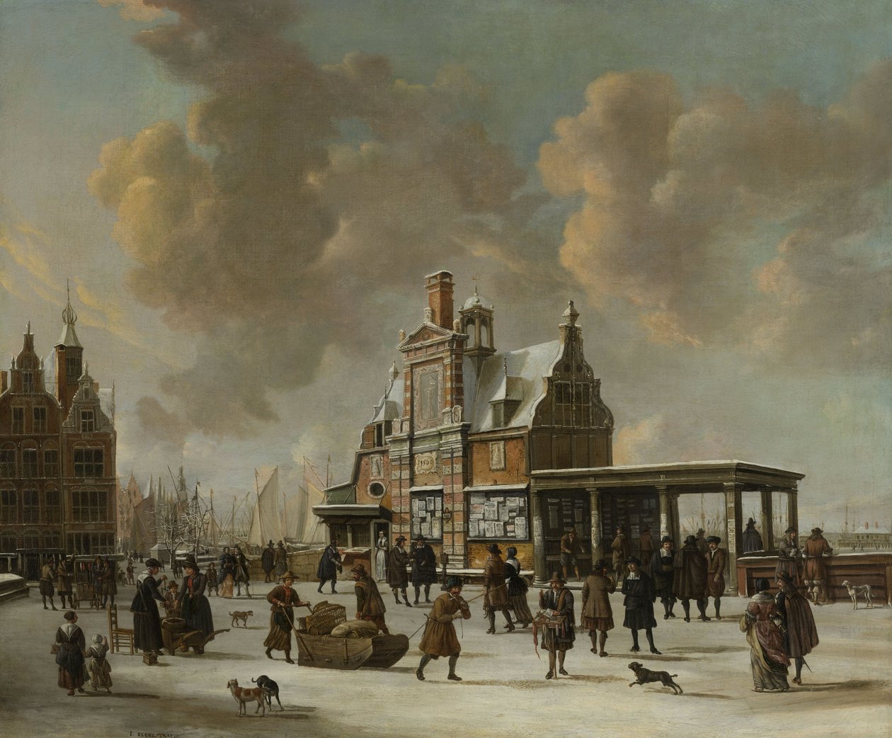 Paalhuis ja Nieuwe Brug, Amsterdam, talvella, 1640-66 tekijältä Jan Abrahamsz. Beerstraten
