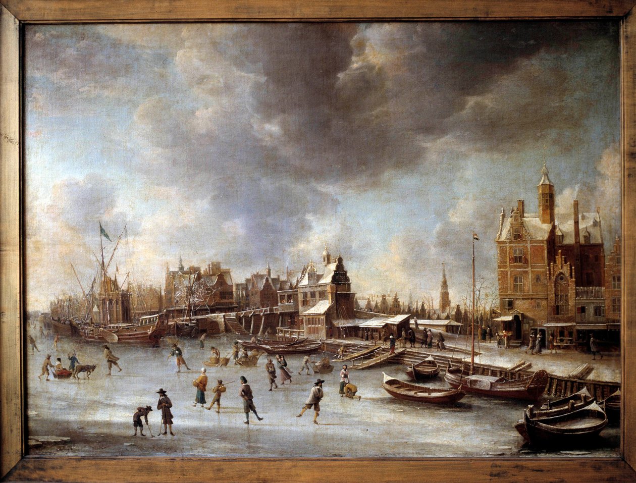 Talvimaisema. Luistelijat jäätyneellä järvellä. Burstatenin (1622-1666) maalaus 1600-luvulta. Berliini, valtionmuseo tekijältä Jan Abrahamsz. Beerstraten