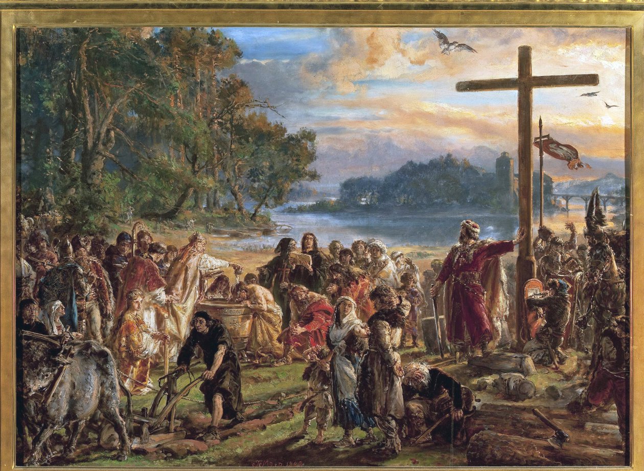 La chhristiannisation de la Pologne, 966 - Puolan kristinusko, 966. Sarjasta Historia of Civilization in Poland, kirjoittanut Matejko, Jan Alojzy (1838-1893). Öljy puulle tekijältä Jan Alojzy Matejko