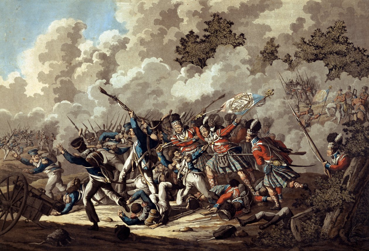 Highlanders, La Haye Sainte, voitti ranskalaisen kaartin Waterloon taistelussa 1815 (värillinen akvatinta) tekijältä Jan Anthonie Langendyk