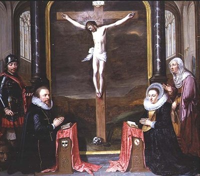 Ristiinnaulitseminen lahjoittajien muotokuvina Adriaen Meusyenbroeck ja hänen vaimonsa Anna Elant, mukana St. Adrian ja St. Elizabeth tekijältä Jan Anthonisz. van Ravesteyn