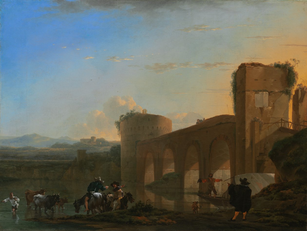 Tiber-joki ja Ponte Molle auringonlaskun aikaan, n. 1650. tekijältä Jan Asselijin