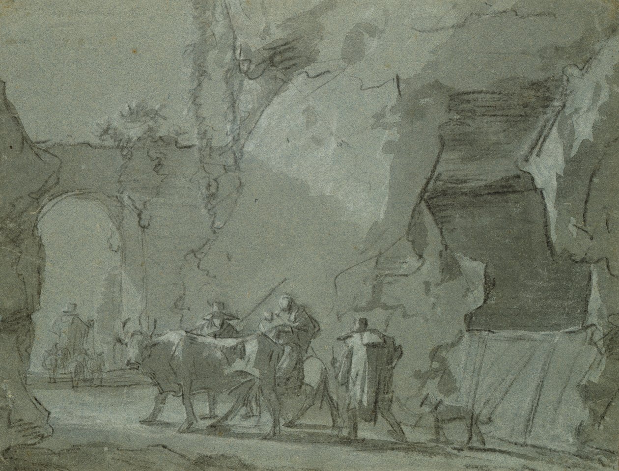 Paimenet holvikäytävän edessä, n. 1650-1652 (intialainen muste ja liitu paperille) tekijältä Jan Asselijn