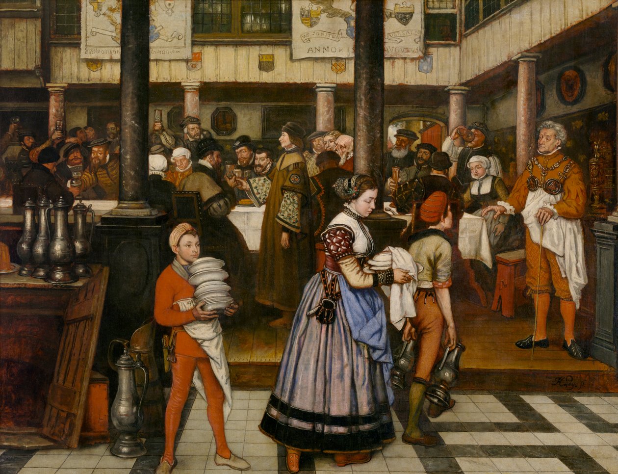 Frans Floris osallistuu Pyhän Luukkaan kiltajuhlaan (öljy kankaalle) tekijältä Jan August Hendrik Baron Leys