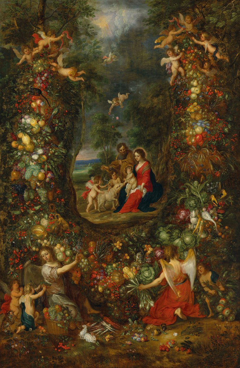 Pyhä perhe hedelmäseppeleen ympäröimänä ja puttien tukemana (öljy paneelille). tekijältä Jan & Balen Hendrik van (1575-1632) Brueghel