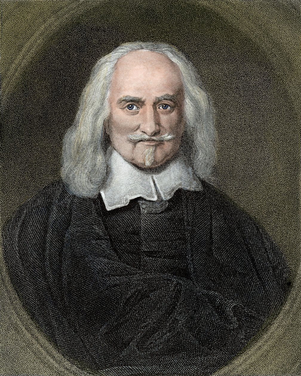Thomas Hobbesin (1588-1679) muotokuva englantilaisesta filosofista. 1800-luvun värikaiverrus. tekijältä Jan Baptist (after) Jaspers