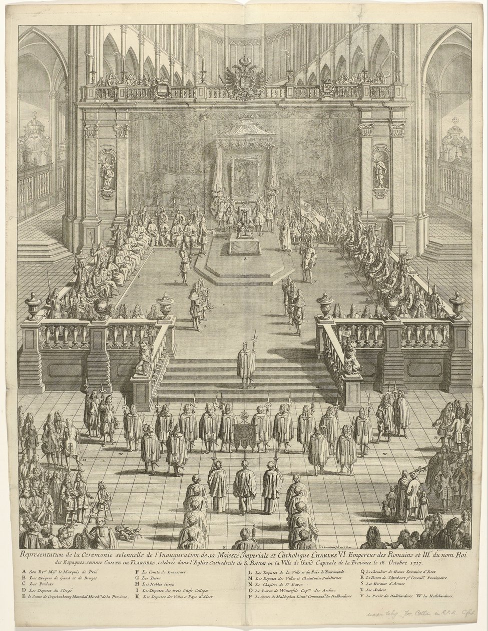 Inhuldiging van Keizer Karel VI als Graaf van Vlaanderen te Gent, 1717 Edustus hänen keisarillisen ja katolisen majesteetin Kaarle VI:n virkaanastujaisiin. Roomalaisten keisari ja Espanjan kolmas kuningas Flanderin kreivinä tekijältä Jan Baptist Berterham
