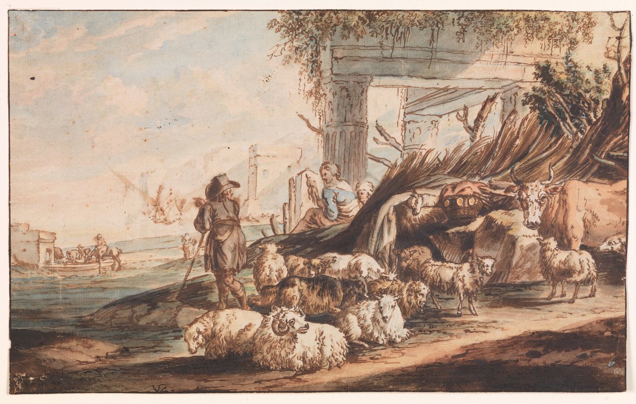 Paimen lammaslauman ja lehmän kanssa raunioiden keskellä tekijältä Jan Baptist Weenix