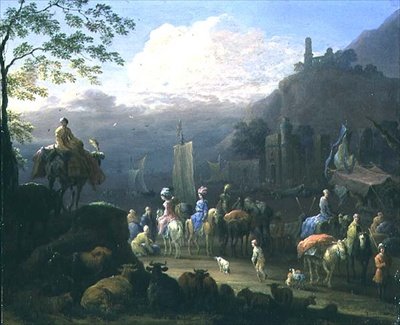 Matkailijaseurue lähellä satamaa (öljy kuparilla) tekijältä Jan Baptist van der Meiren