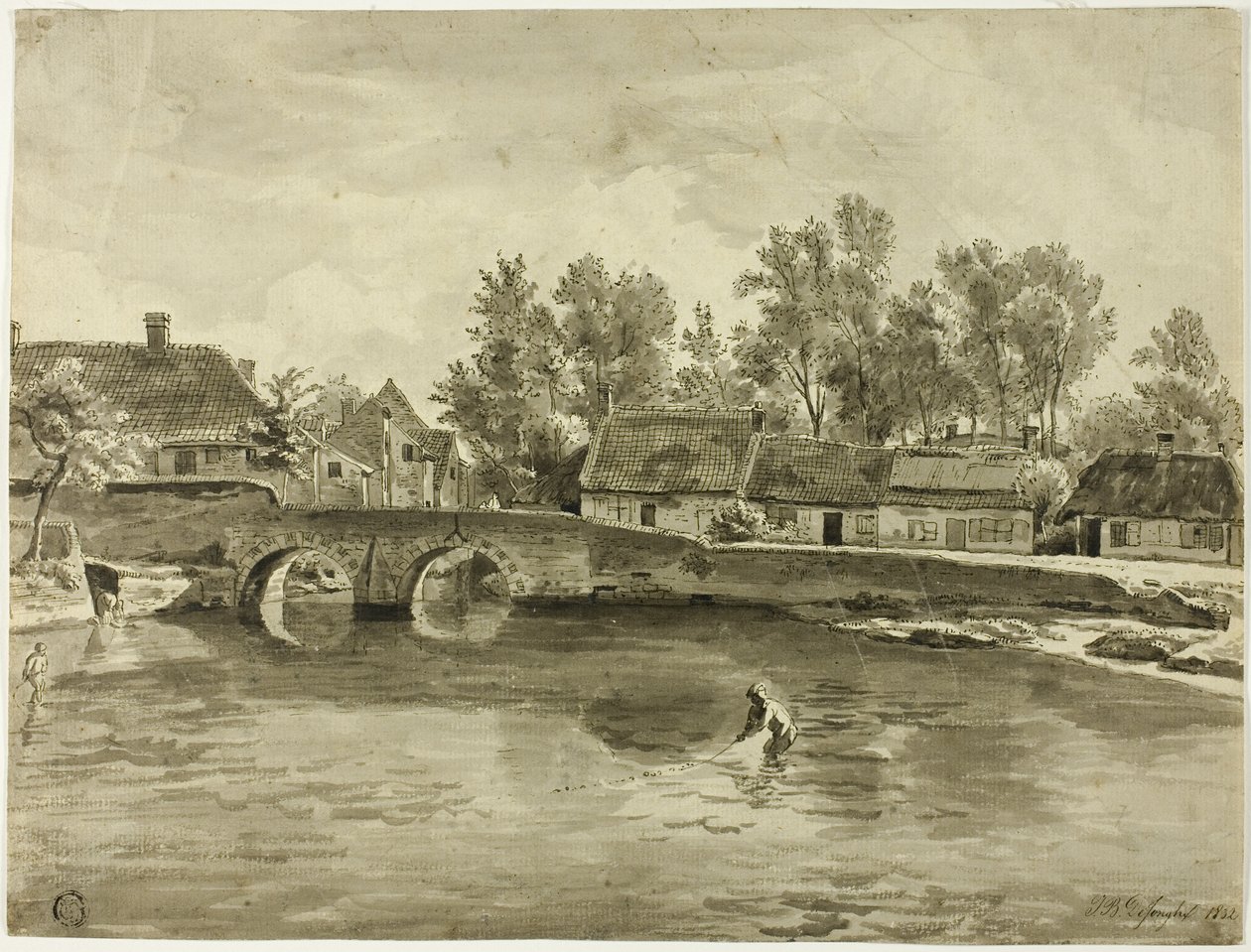 Mies kalastaa joessa lähellä kylää tekijältä Jan Baptiste de Jonghe