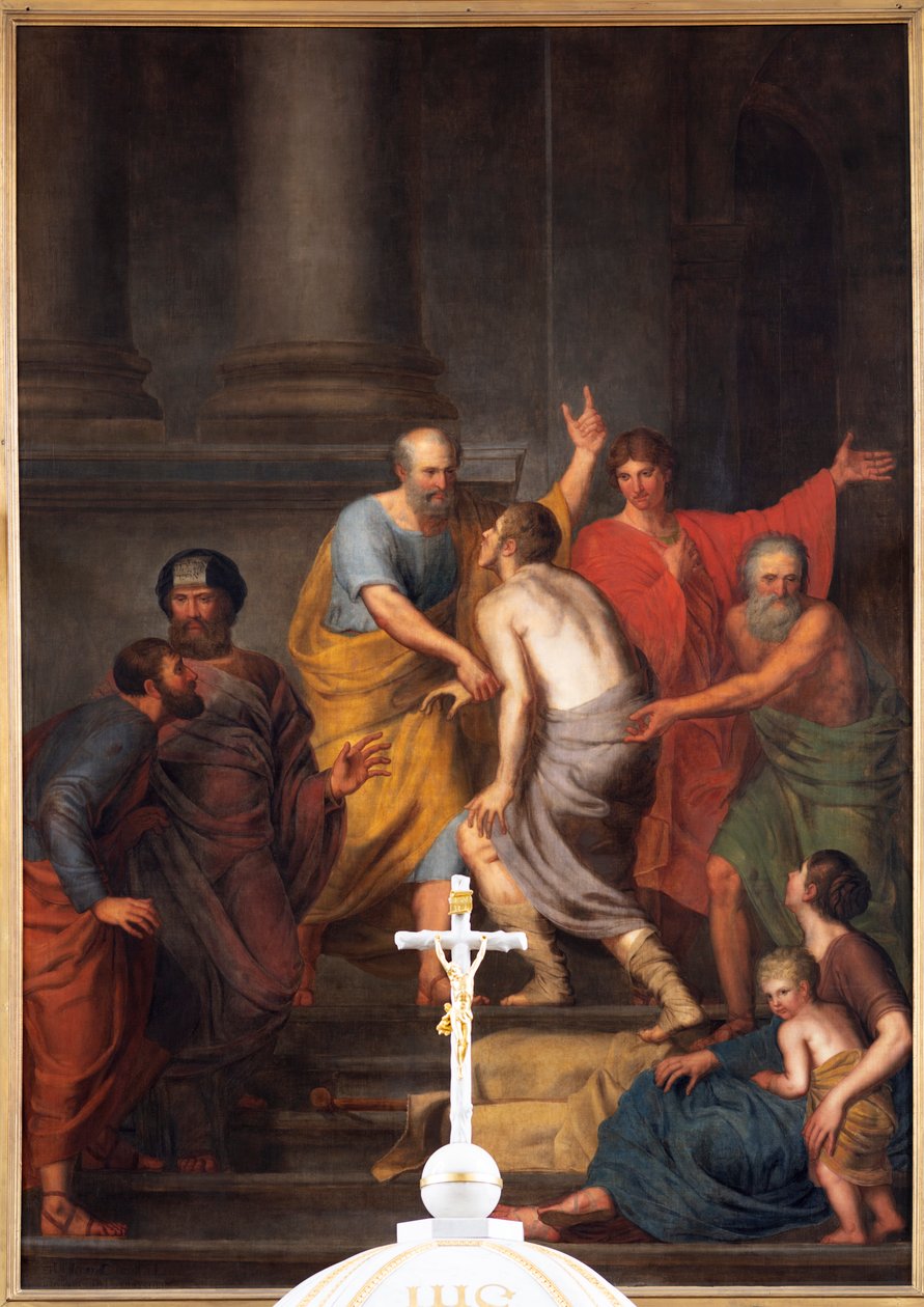 Sisänäkymä, korkea alttari, maalaus "Petrus ja Johannes auttavat rammaa temppelissä", Jan De Landtsheer tekijältä Jan Baptiste de Landtsheer