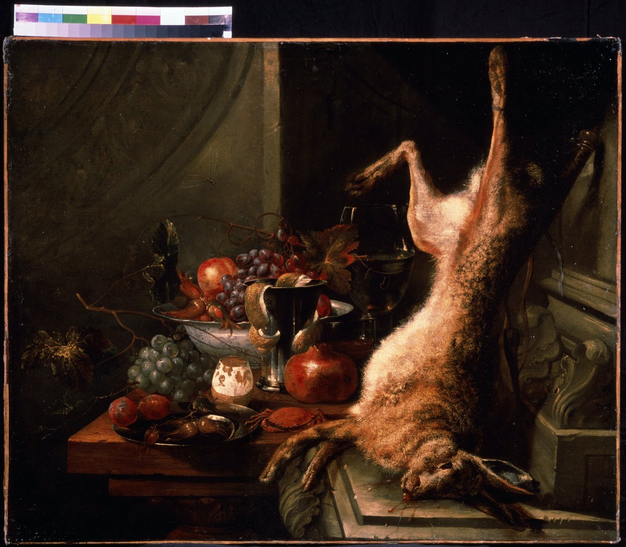 Asetelma jänisen kanssa. Rapu asetelma hasselpähkinällä ja sitruunalla kuoritulla kuorella (kuori). Jan Baptiste van Moerkerken (1660-1689) maalaus. Öljy kankaalle, flaamilaista taidetta. Pushkinin taidemuseo, Moskova tekijältä Jan Baptiste van Moerkerke