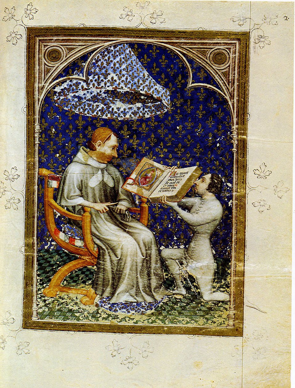 Jean de Vaudetar lahjoittaa kirjan lahjaksi ranskalaiselle Kaarle V:lle. Jean de Vaudetarin raamatunhistoriakirjasta, 1372 tekijältä Jan Bondol