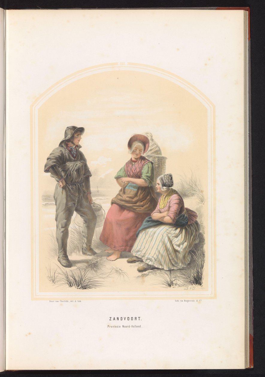 Zandvoortin perinteinen puku Pohjois-Hollannissa, 1857 Zandvoort. Pohjois-Hollannin maakunta / III (otsikko esineessä) tekijältä Jan Braet von Uberfeldt