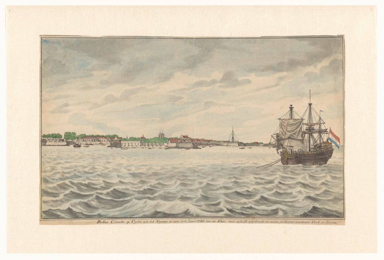 Colombon kaupunki Ceylonissa pohjoisesta katsottuna vuonna 1785 Roadilta, sen purettu kirkko ja torni, joita rakennettiin uudelleen. (otsikko esineessä) tekijältä Jan Brandes (signed by artist)