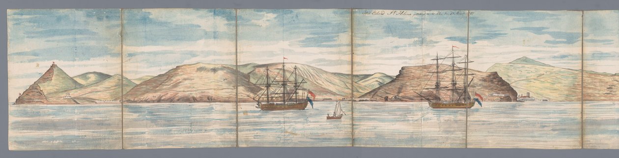 Näkymä Saint Helenalle Pyhän Helenan saari piirretty Rhee denistä 31. maaliskuuta 1787 (otsikko esineessä) tekijältä Jan Brandes
