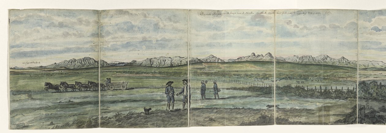 Panoraama Hottentots Hollannista Kaapsche Bergen Kapilta pohjoiseen ulottuen Baay Falsista Tygerbergiin vastapäätä. 1787 (otsikko esineessä) tekijältä Jan Brandes