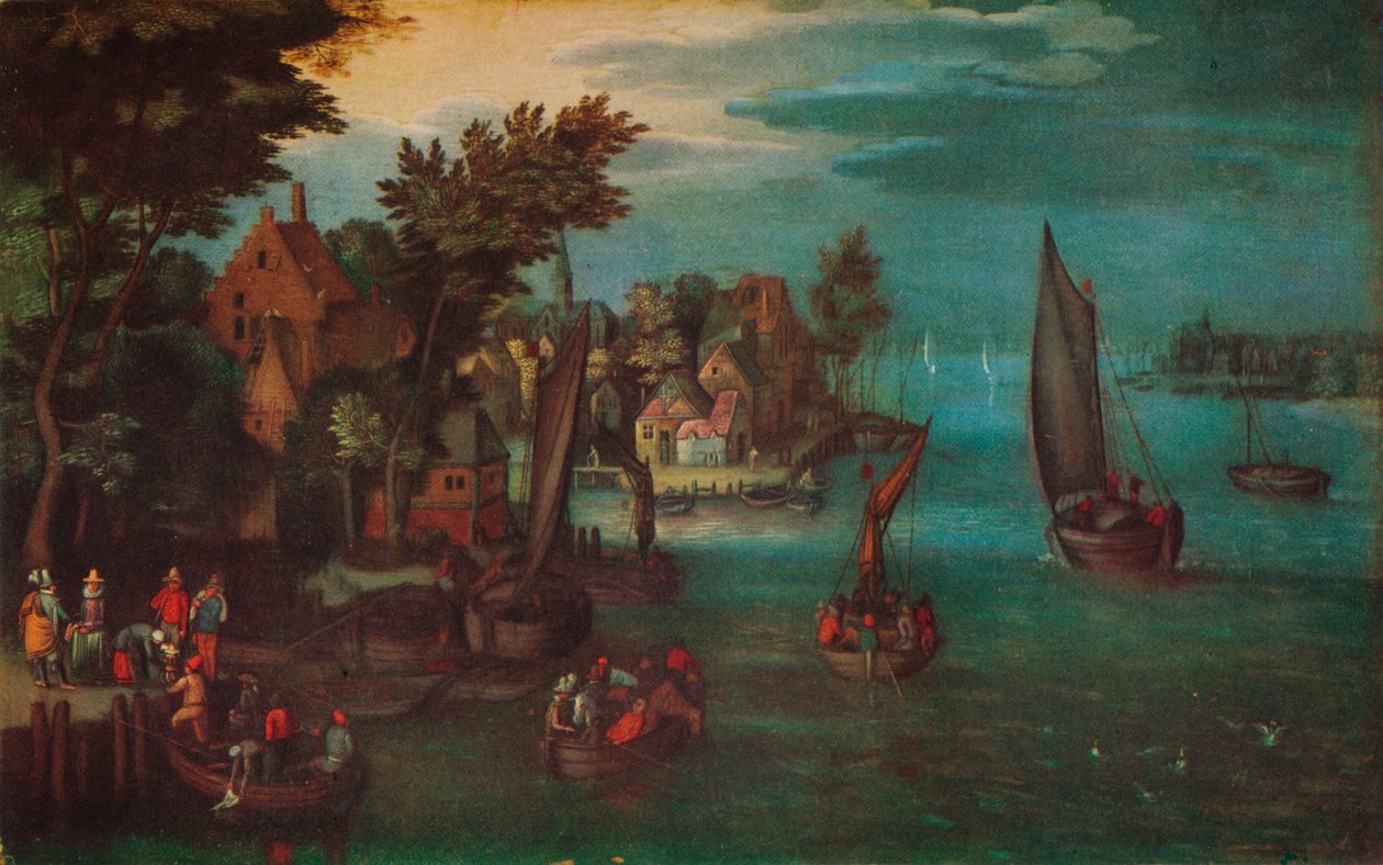 "Kiireinen jokikohtaus hollantilaisten alusten ja lautalla", c1605 tekijältä Jan Bruegel The Elder