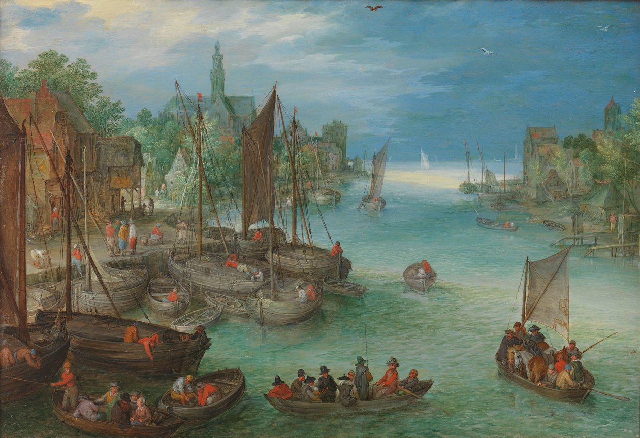 Näkymä kaupunkiin joen varrella Näkymä kaupunkiin joen varrella tekijältä Jan Brueghel (I) (attributed to)
