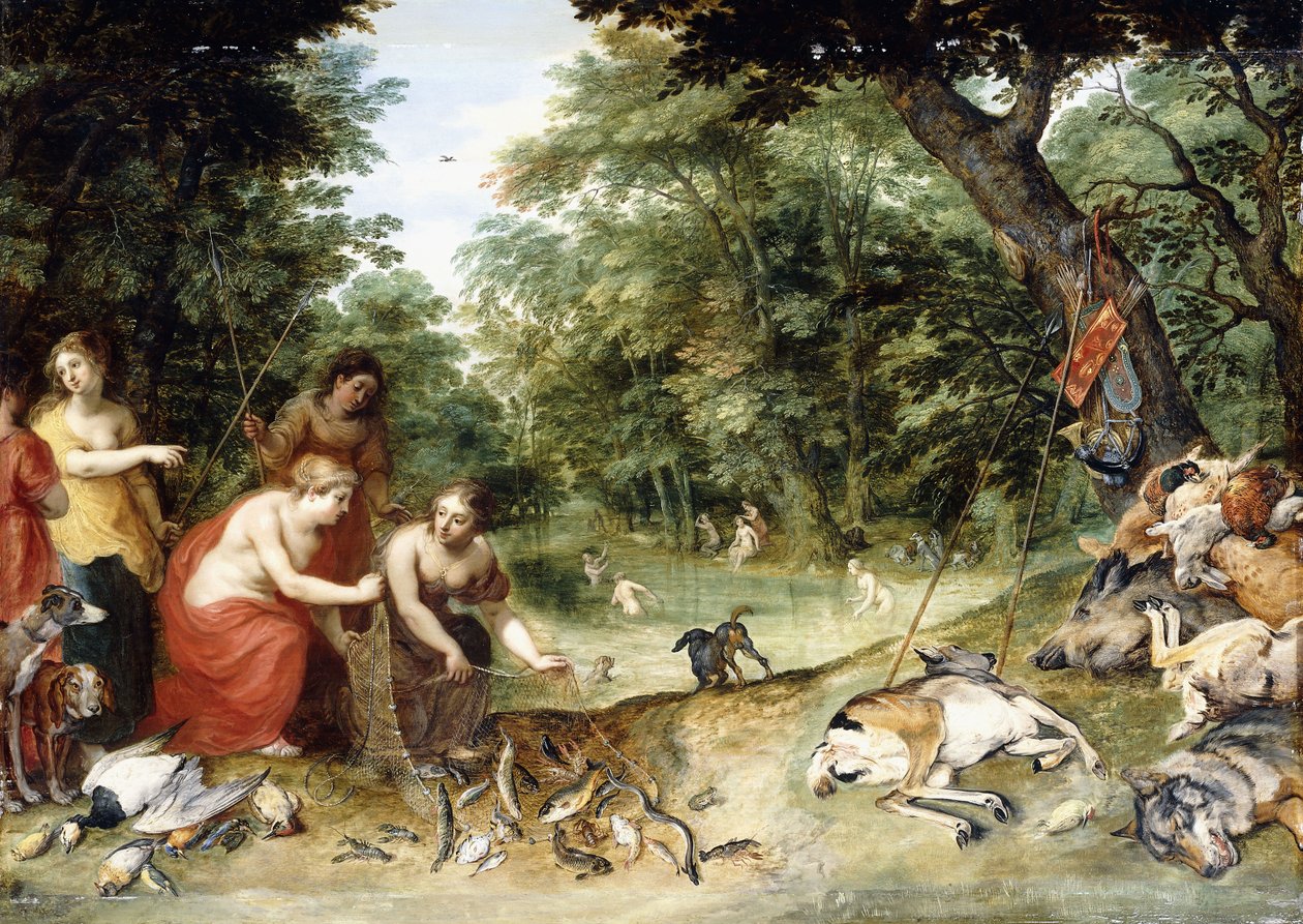 Allegoria alkuaineista, maasta, ilmasta ja vedestä: nymfit kylpemässä metsäisellä lagella ja metsästystrofeet lähellä, n. 1621 tekijältä Jan Brueghel the Elder
