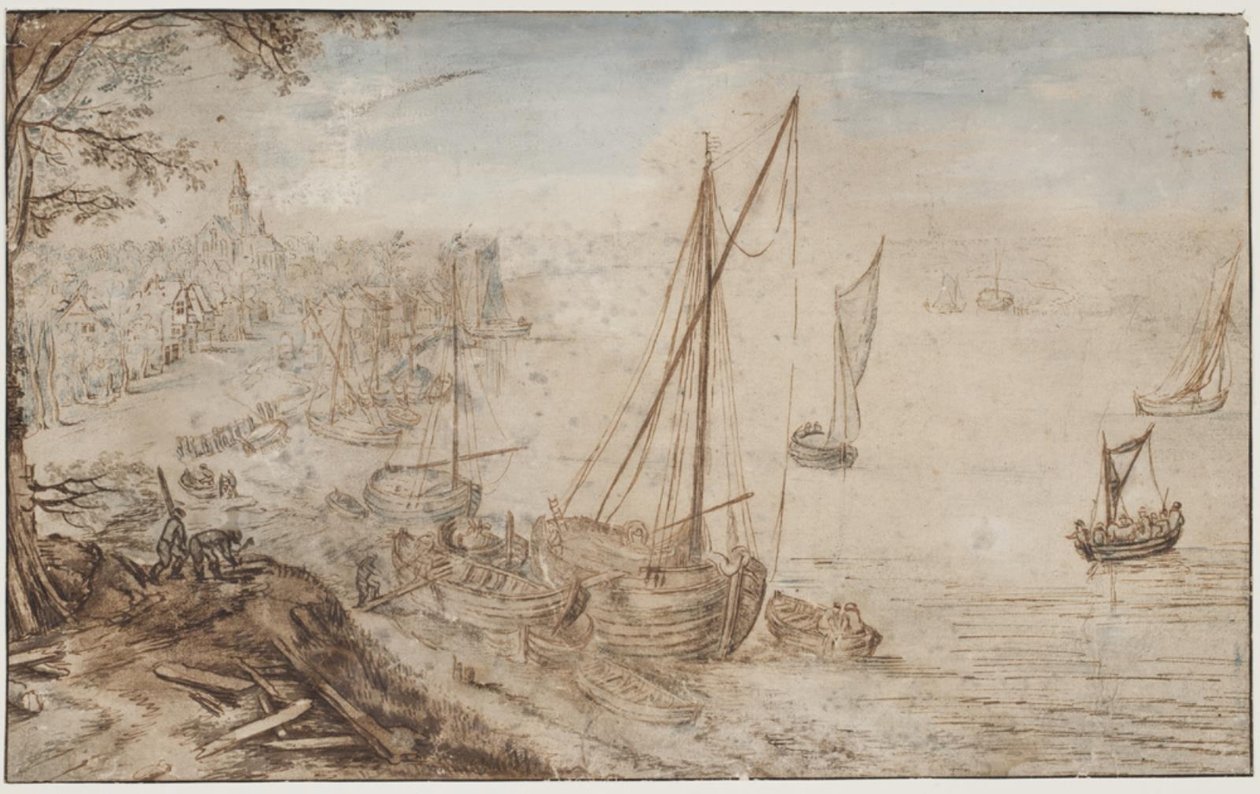 Joki maisema. Etualalla venettä lastataan ja miehet leikkaavat lankkuja tekijältä Jan Brueghel d.Æ.
