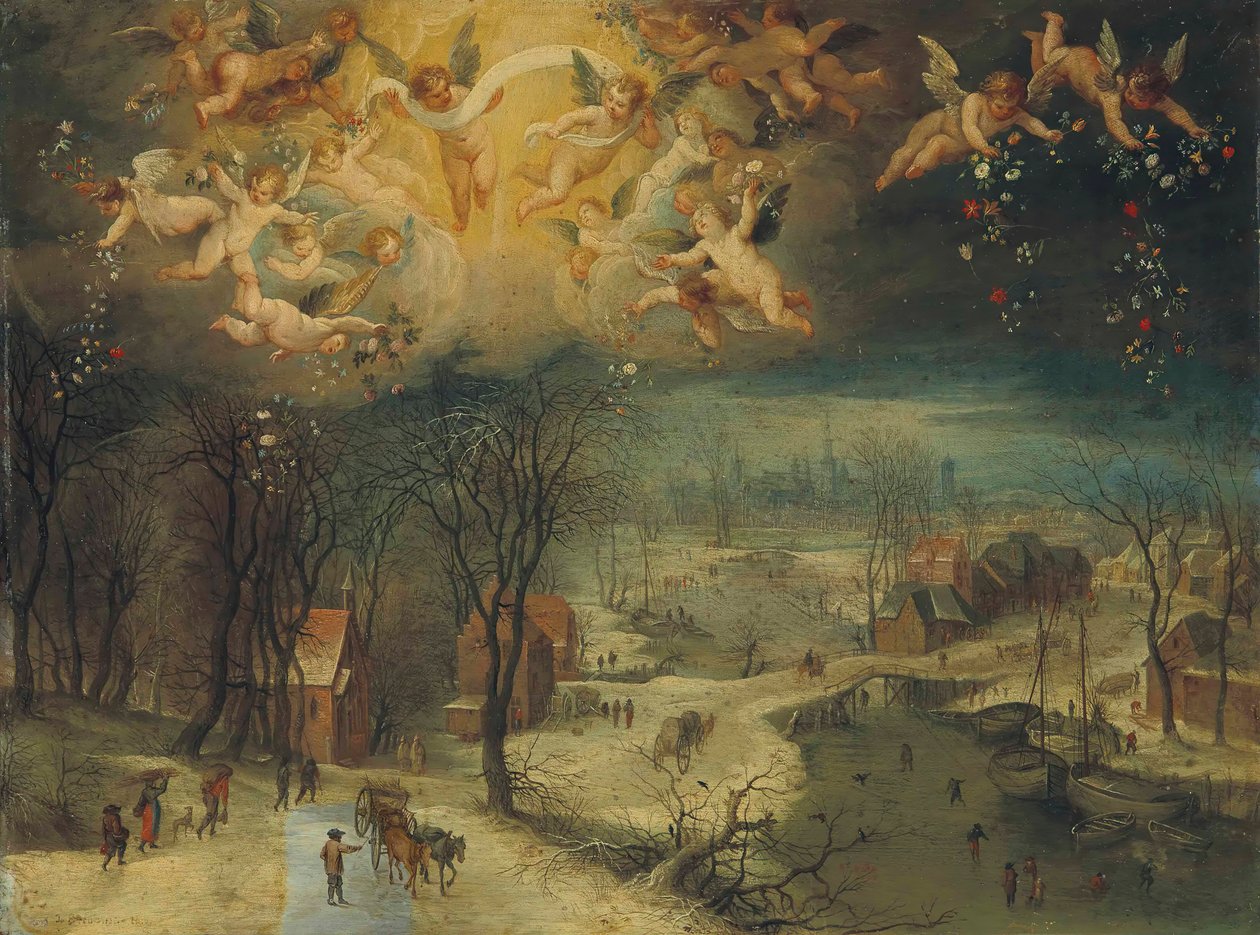 Talvimaisema kyläläisten keräämässä puuta ja luistelijoita jäätyneellä joella..., ensimmäinen kolmannes 17 tekijältä Jan Brueghel the Elder